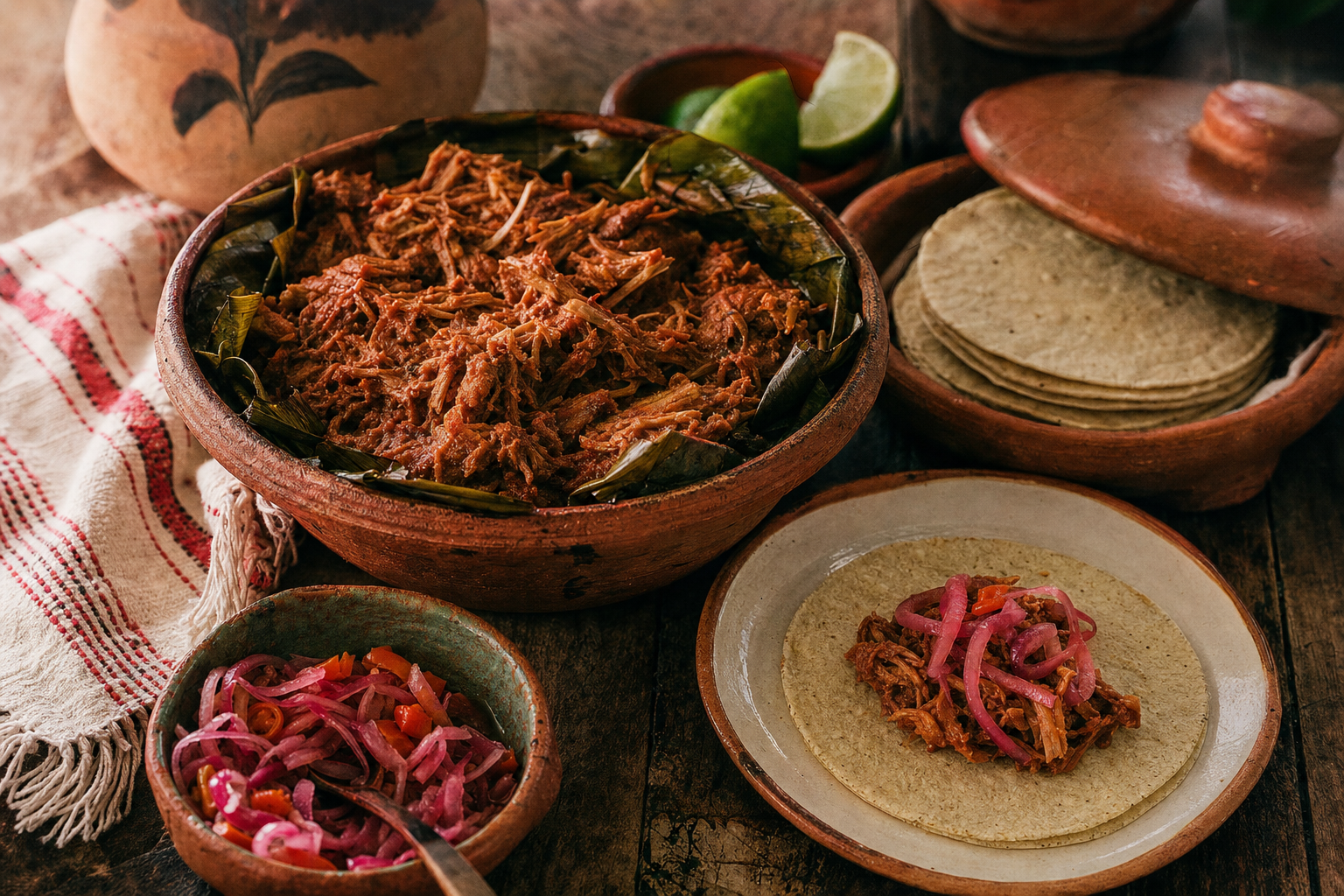 Cochinita pibil — Schweinefleisch in Achiote und Bitterorange, im Bananenblatt weich geschmort