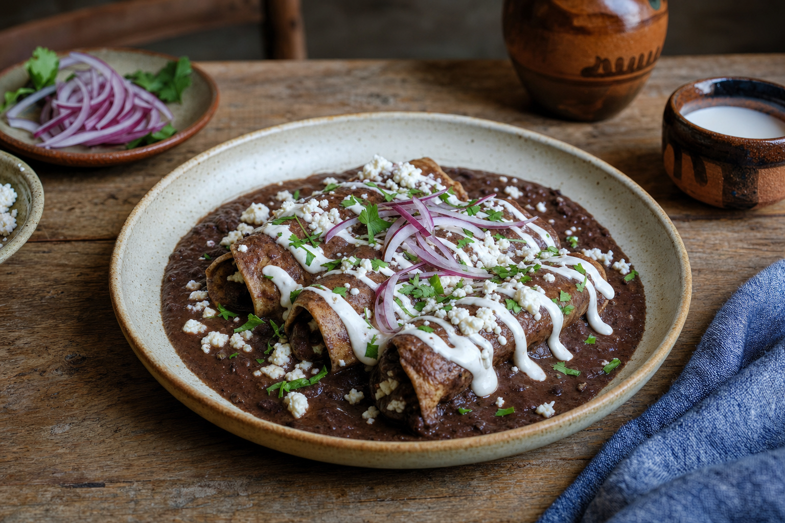 Enfrijoladas — Maistortillas in samtiger Bohnensauce mit Chipotle, Queso fresco und Crema