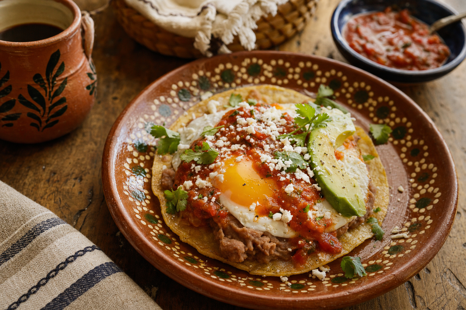 Huevos Rancheros — Eier nach Rancher-Art: Spiegelei auf Tortilla und Bohnen mit Salsa aus gerösteten Tomaten