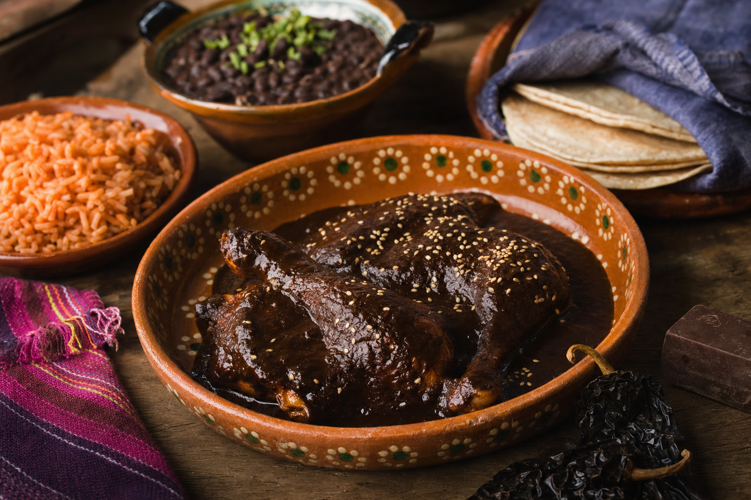 Mole poblano — Dunkle Chili-Schokoladen-Sauce aus Puebla zu zartem Hähnchen