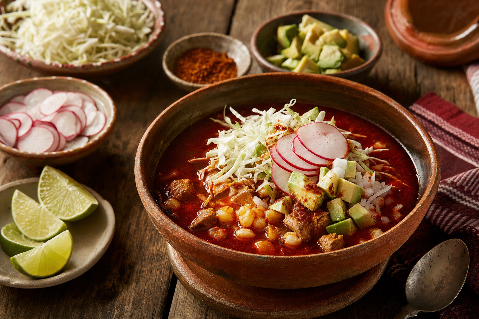 Pozole Rojo — Rote Chilisuppe aus Jalisco mit Schweinefleisch, Mais und frischen Toppings