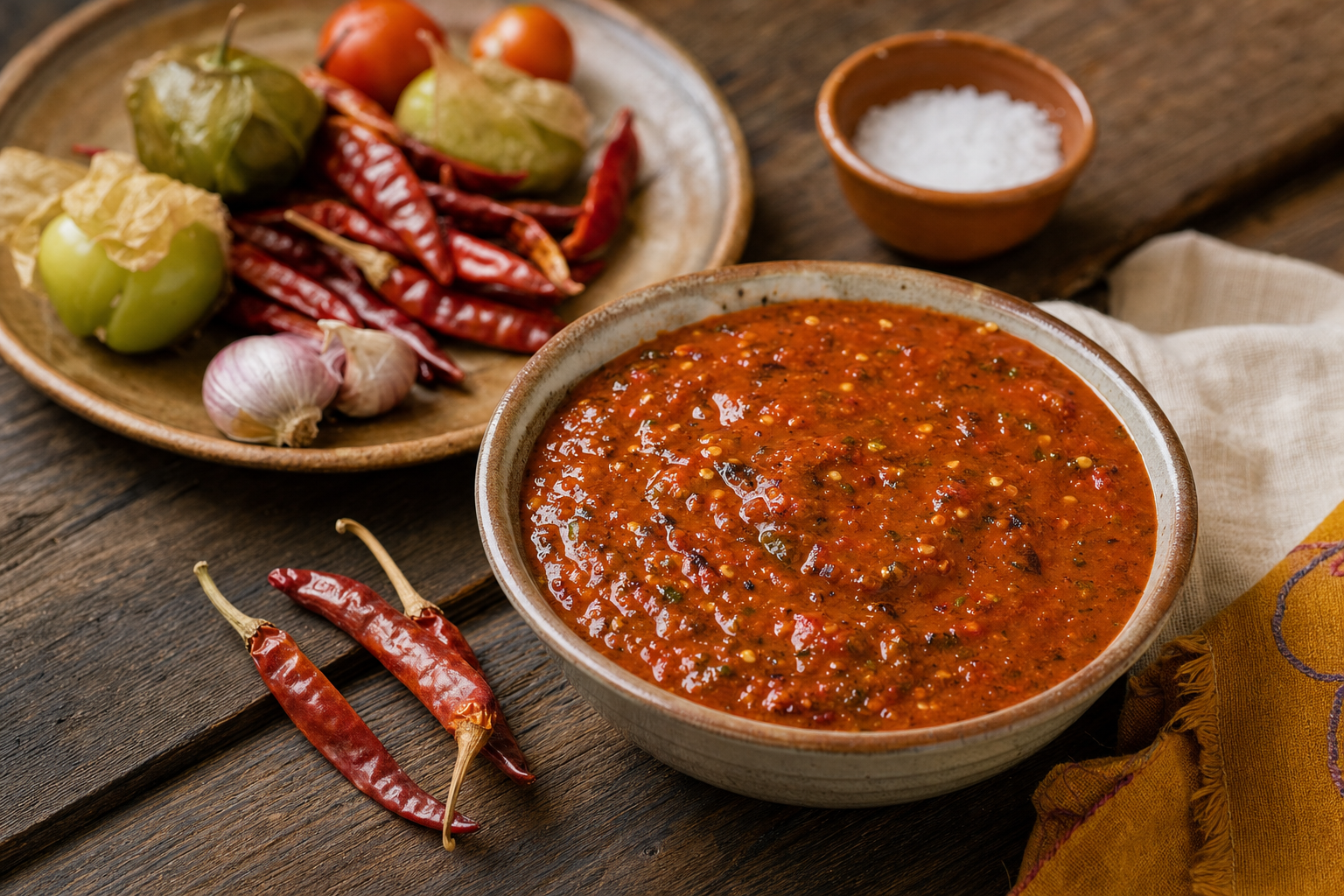 Salsa de Chile de Árbol — Feurige Salsa aus gerösteten Chiles de árbol, Tomatillos und Tomaten