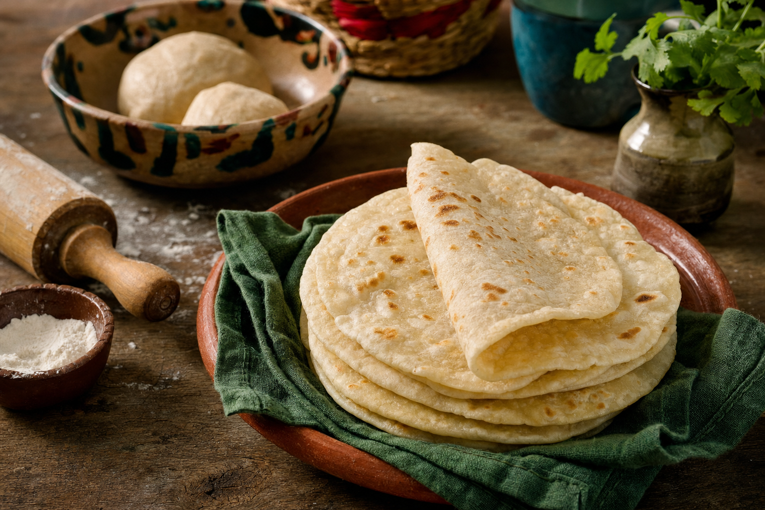 Tortillas — Weiche Weizenfladen aus der Pfanne: warm, biegsam und mit hellbraunen Röstflecken